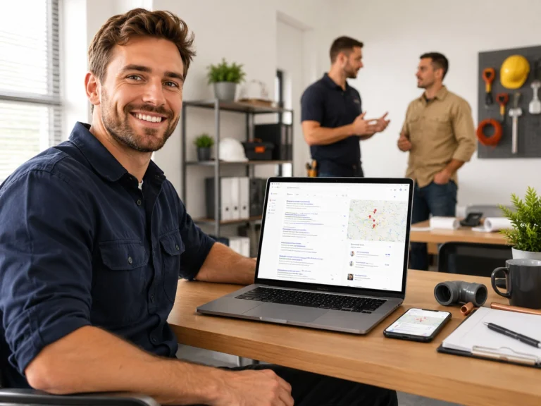Australian tradie SEO dashboard showing Google Maps rankings, local service keywords, phone calls, quote requests, and booked jobs for plumbers, electricians, builders, and roofers.