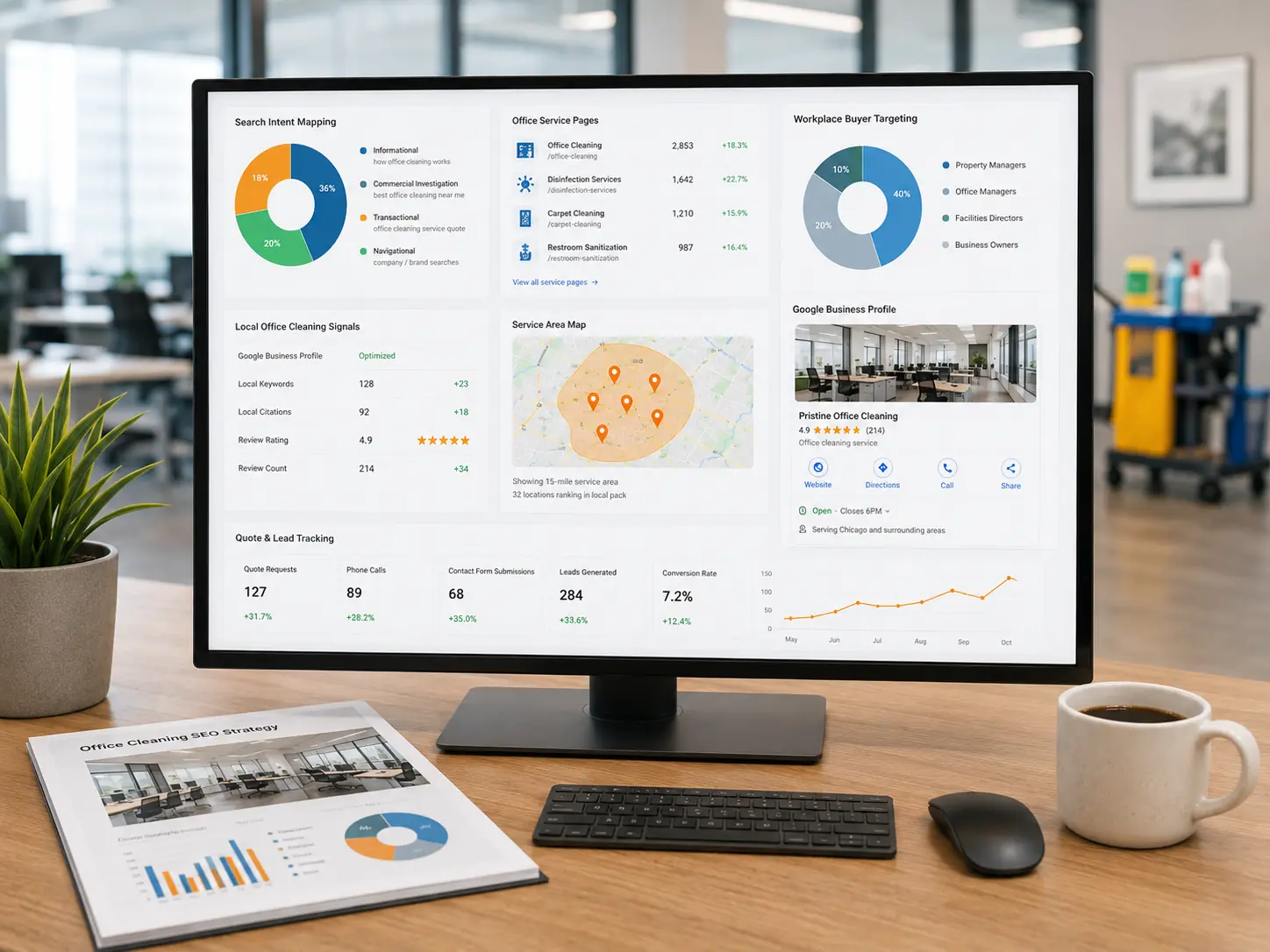 Office cleaning SEO dashboard showing keyword mapping, service pages, Google Business Profile, and lead tracking on a monitor.