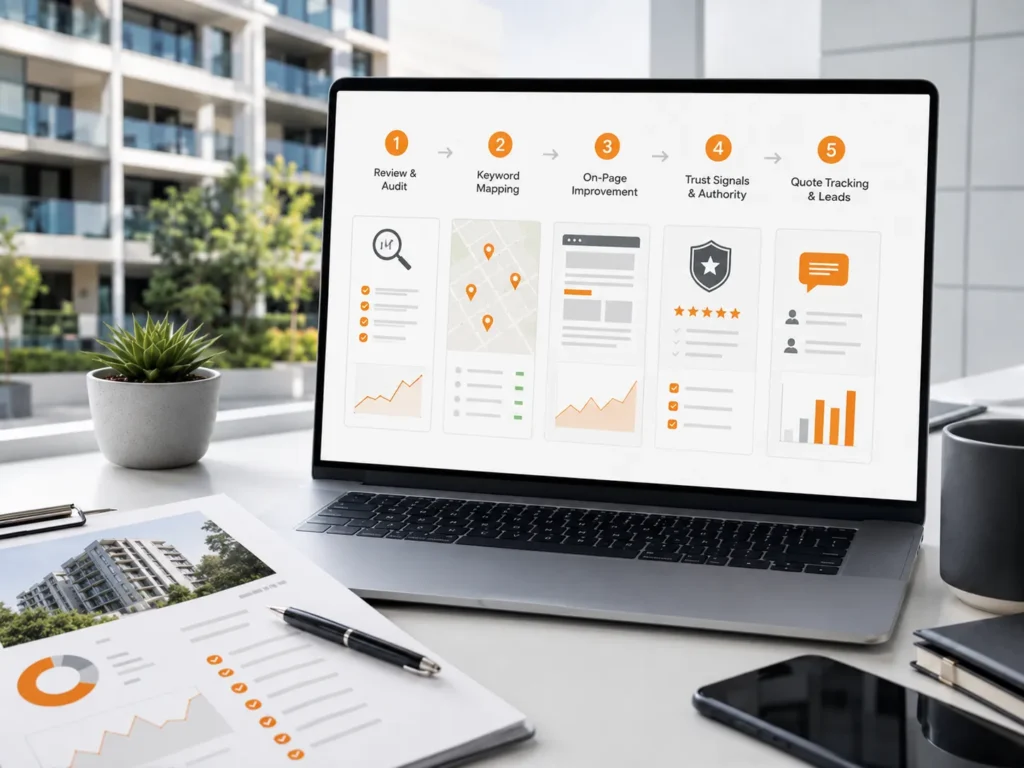 Strata cleaning SEO process dashboard showing audit, keyword mapping, on-page improvements, trust signals, and lead tracking.