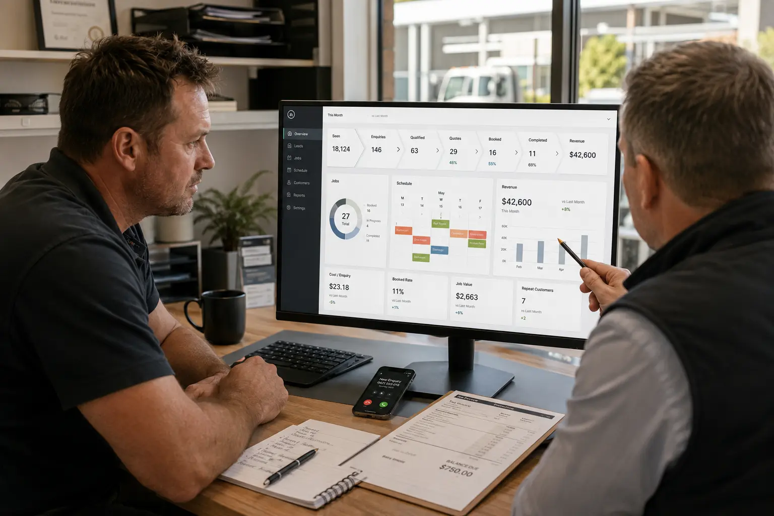 Tradie office team routing an enquiry through qualification, quoting, follow-up and booked-job scheduling.
