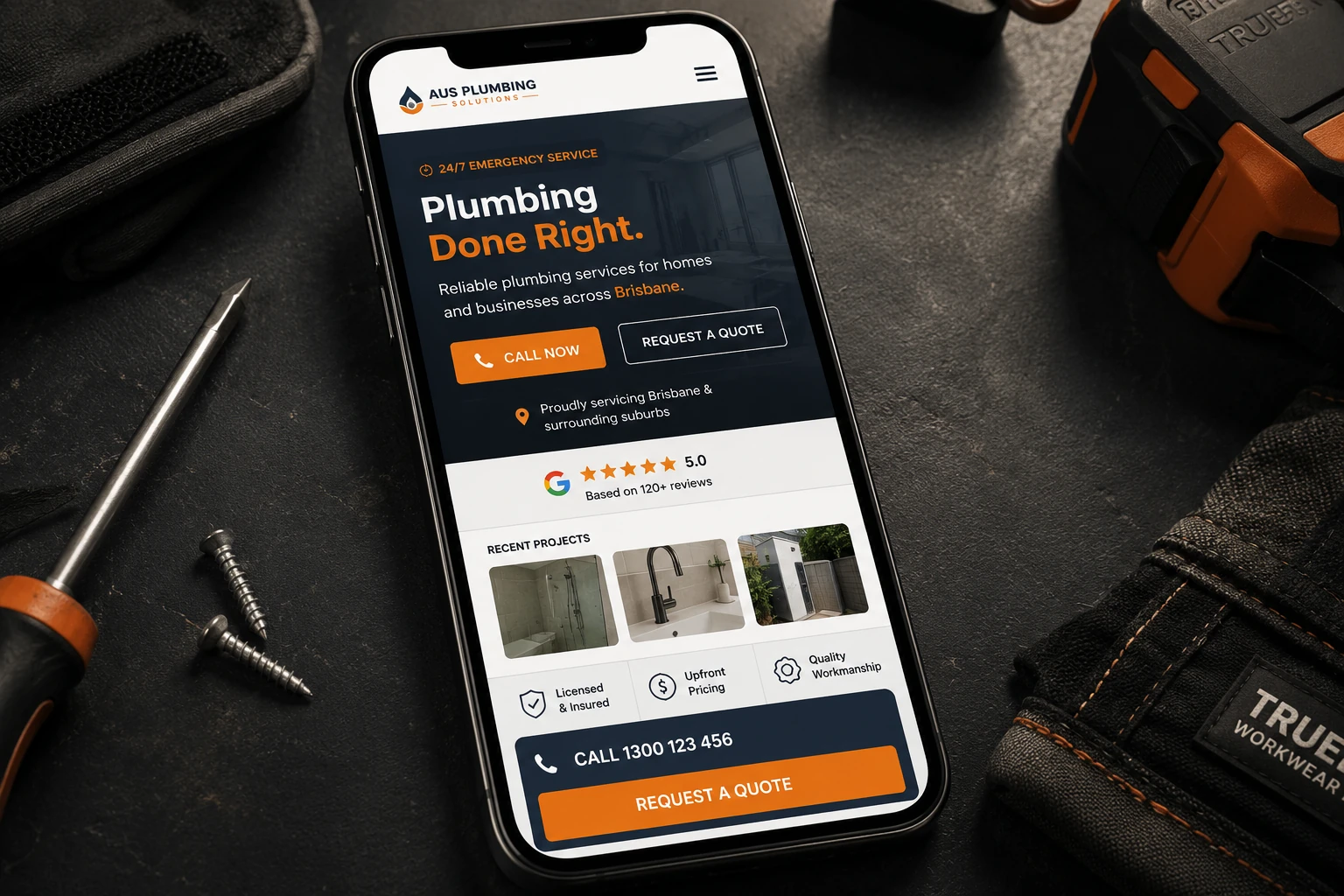 Mobile-first plumbing website with service information, local coverage, reviews and call-to-action buttons
