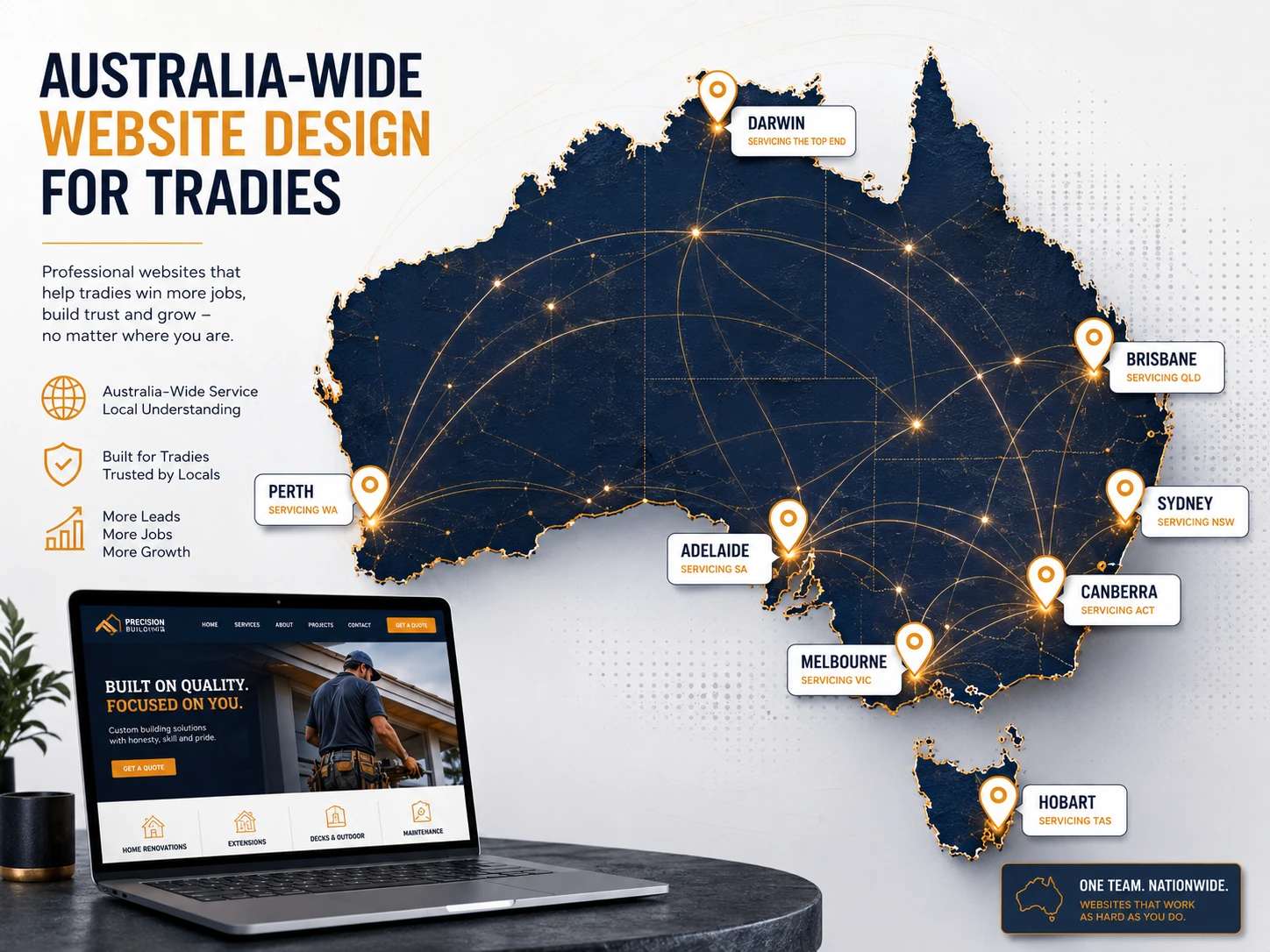 Australia map showing nationwide tradie website design coverage across major cities and regional markets