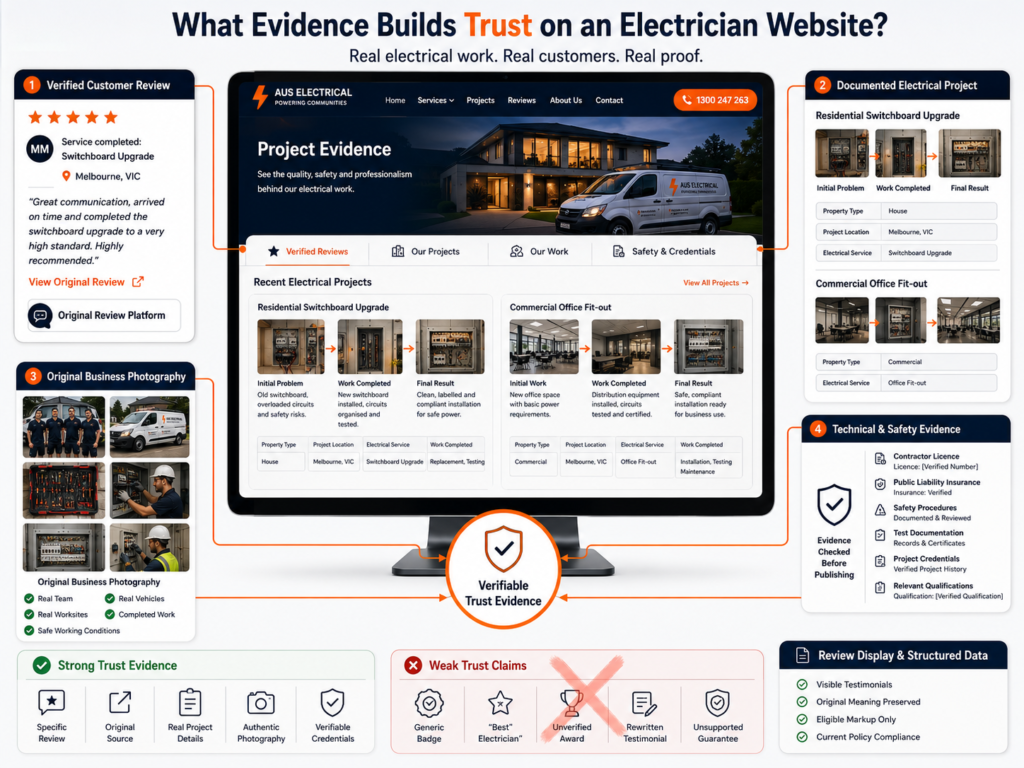 Electrician website trust evidence showing verified reviews, documented projects, original photography, safety credentials and source verification.