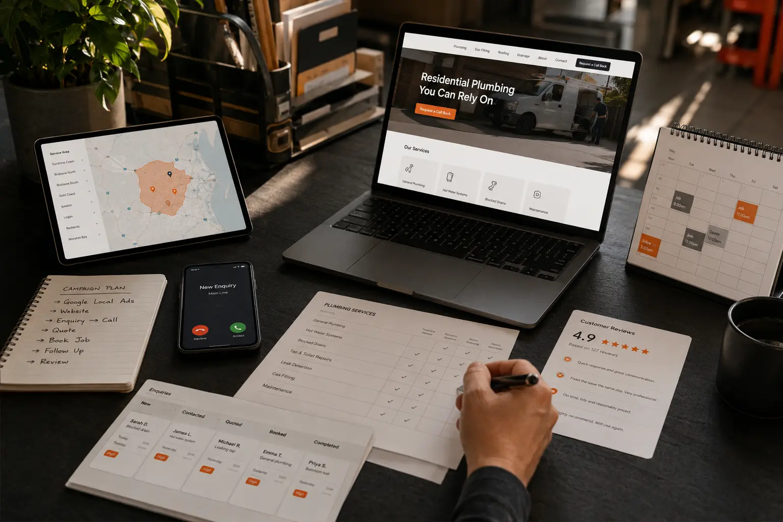 Integrated tradie marketing system combining local search, website enquiries, advertising, reviews and CRM follow-up.