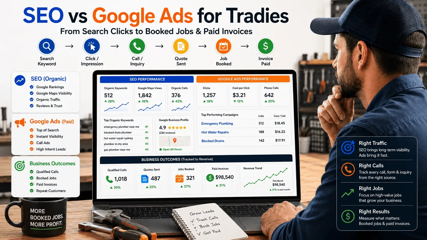 tradie comparing SEO and Google Ads leads with booked jobs dashboard
