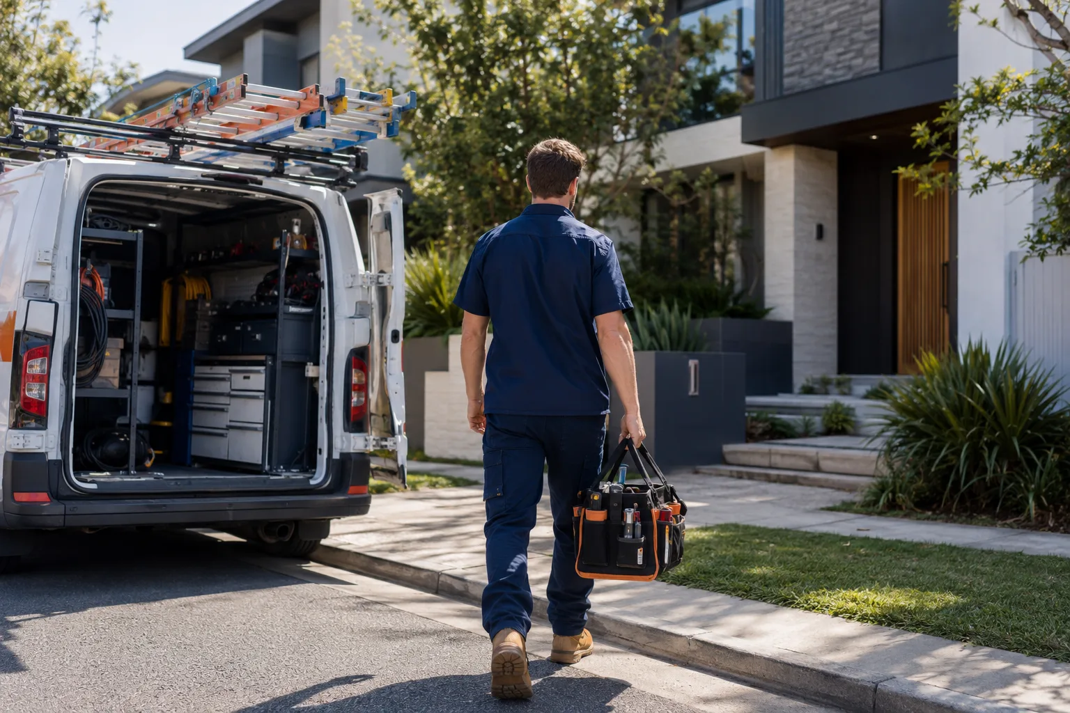 Australian electrician carrying tools from a service van to a residential property