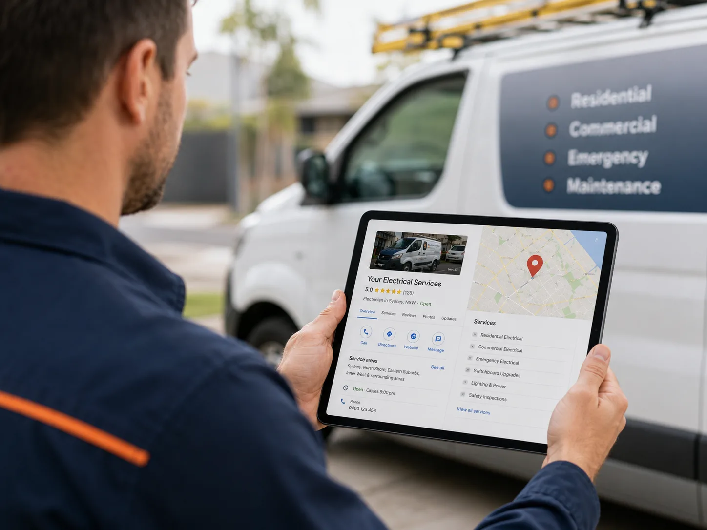 Australian electrician reviewing Google Business Profile service areas beside an electrical service van