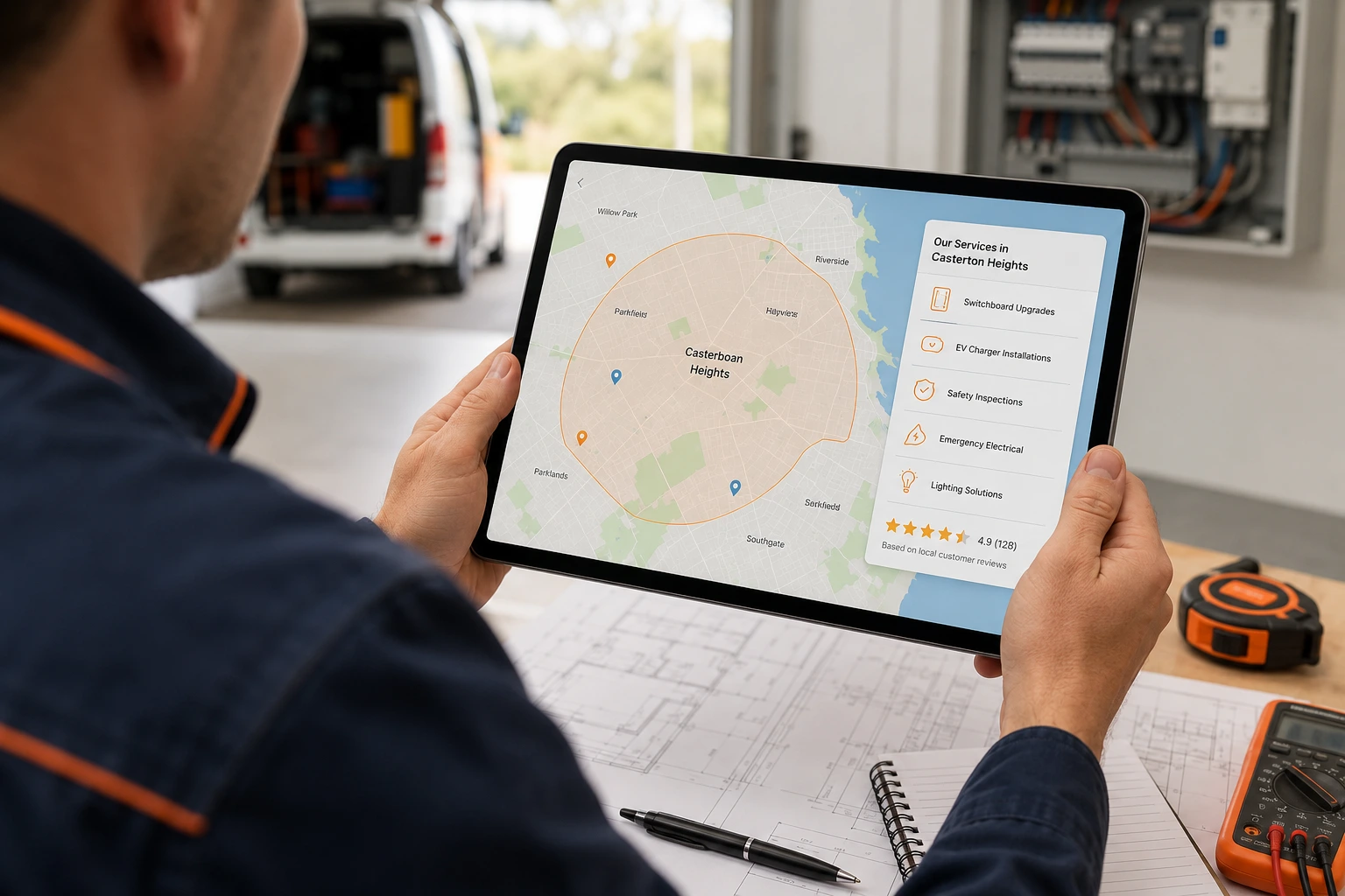 Australian electrician reviewing suburb service coverage and local electrical services on a tablet