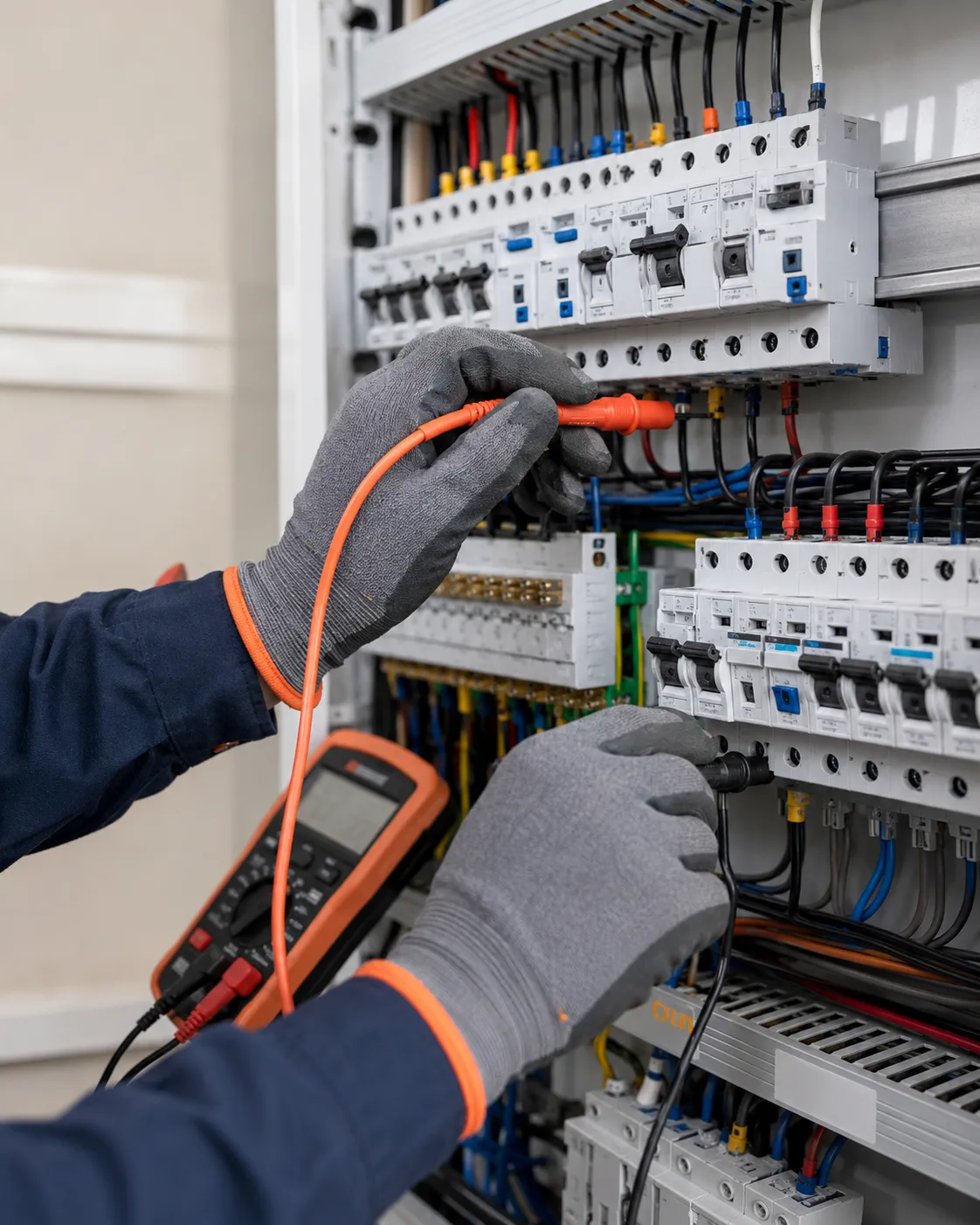 Australian electrician testing a modern commercial switchboard with insulated electrical equipment