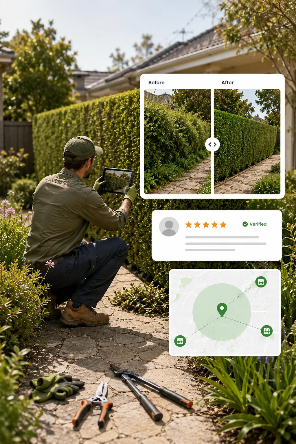 Australian gardener photographing a freshly trimmed hedge, with before-and-after project images, a verified customer review and a local service-area map.