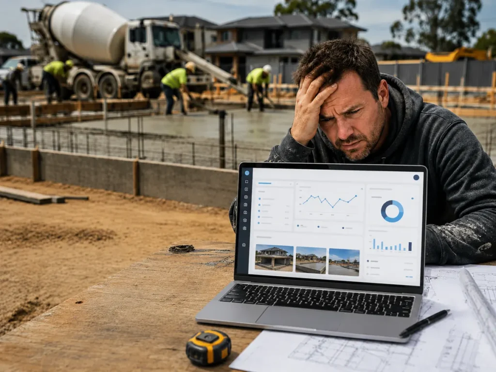 Stressed concreting contractor reviewing website analytics on a laptop at an active residential construction site.