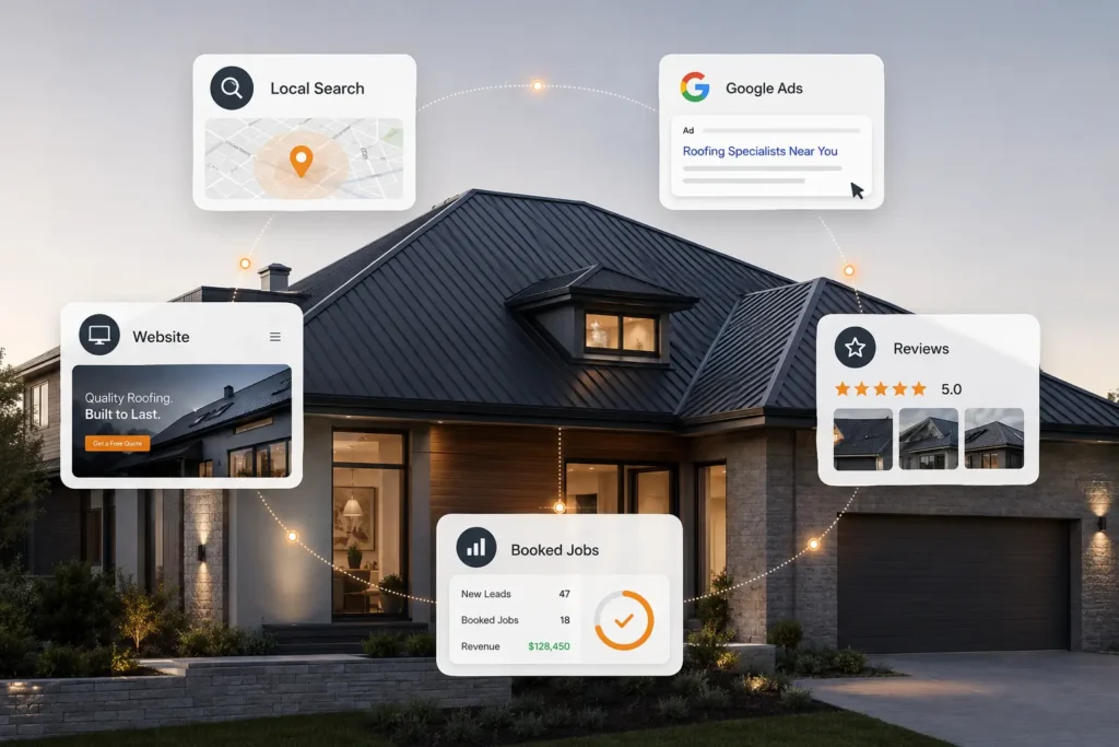 Integrated digital marketing system for roofers showing local SEO, Google Ads, website conversion, reviews, and booked job tracking.