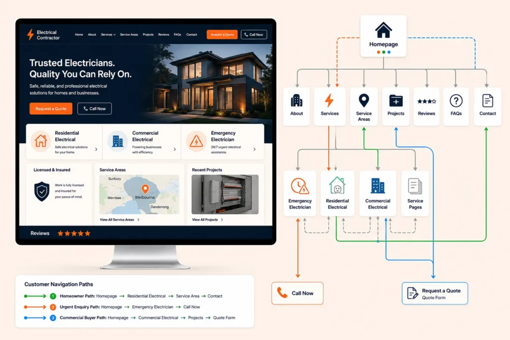 Electrical contractor website architecture showing core pages, service categories, location pages, projects, reviews and enquiry paths.