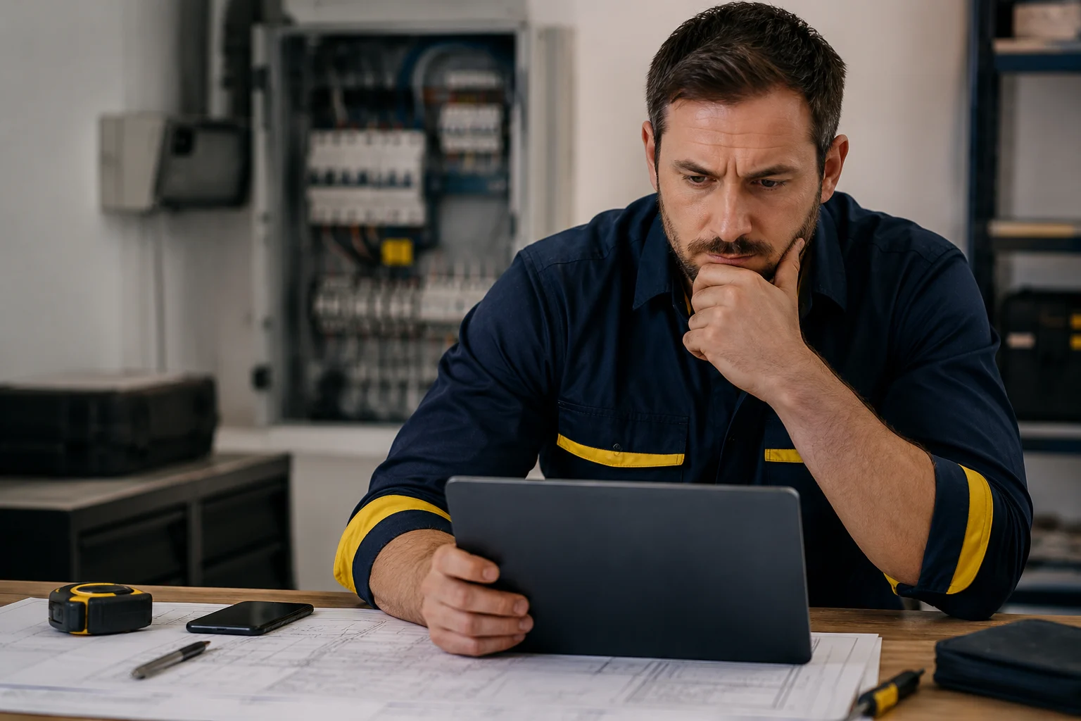 Australian electrician reviewing digital job enquiries on a tablet in a workshop