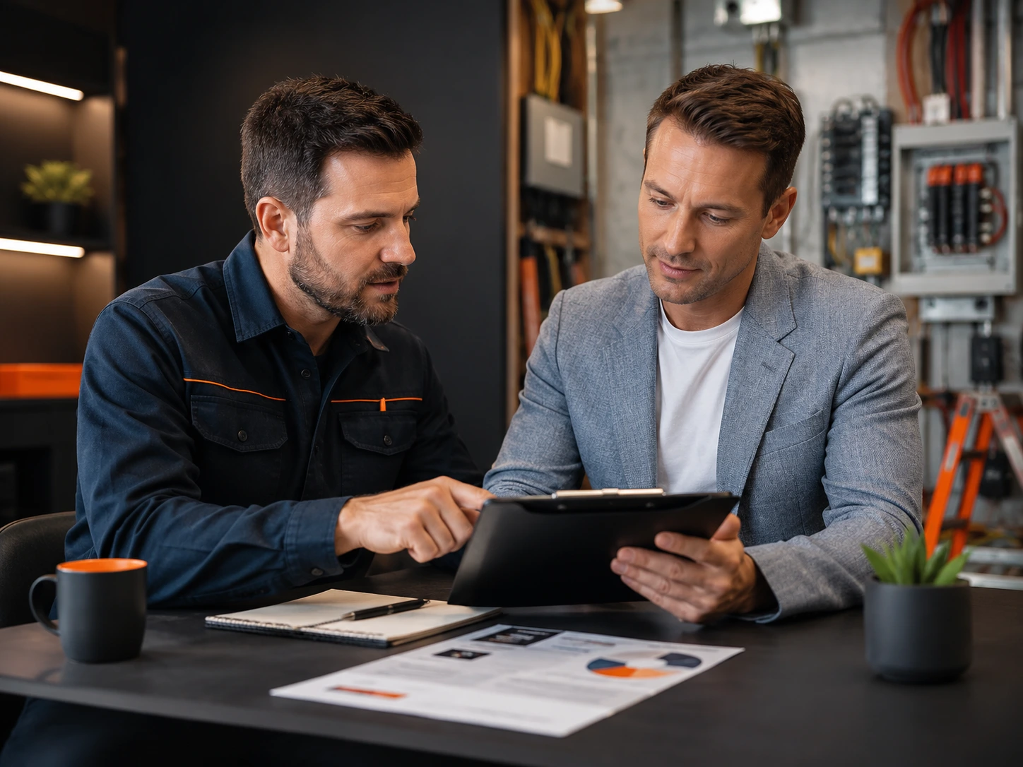 Australian electrician reviewing an SEO campaign proposal with a marketing consultant