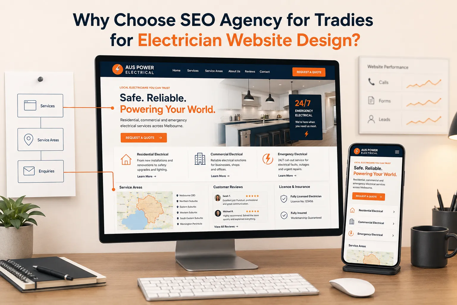 Electrician website design workspace showing service pages, service areas, mobile layout and measurable enquiry actions.