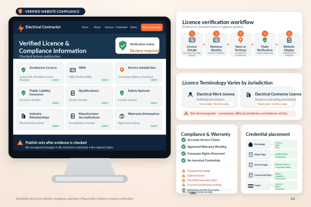 Electrician website compliance illustration showing verified licence details, ABN, insurance, jurisdiction, safety credentials and approved warranty information