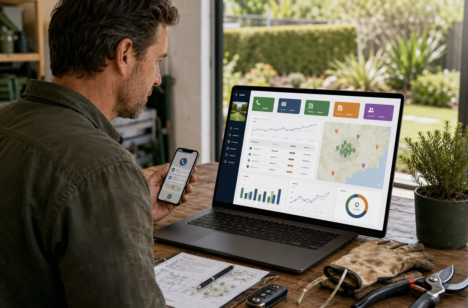 Australian gardening business owner reviewing calls, enquiries, service-area performance, quotes and booked jobs on a reporting dashboard.