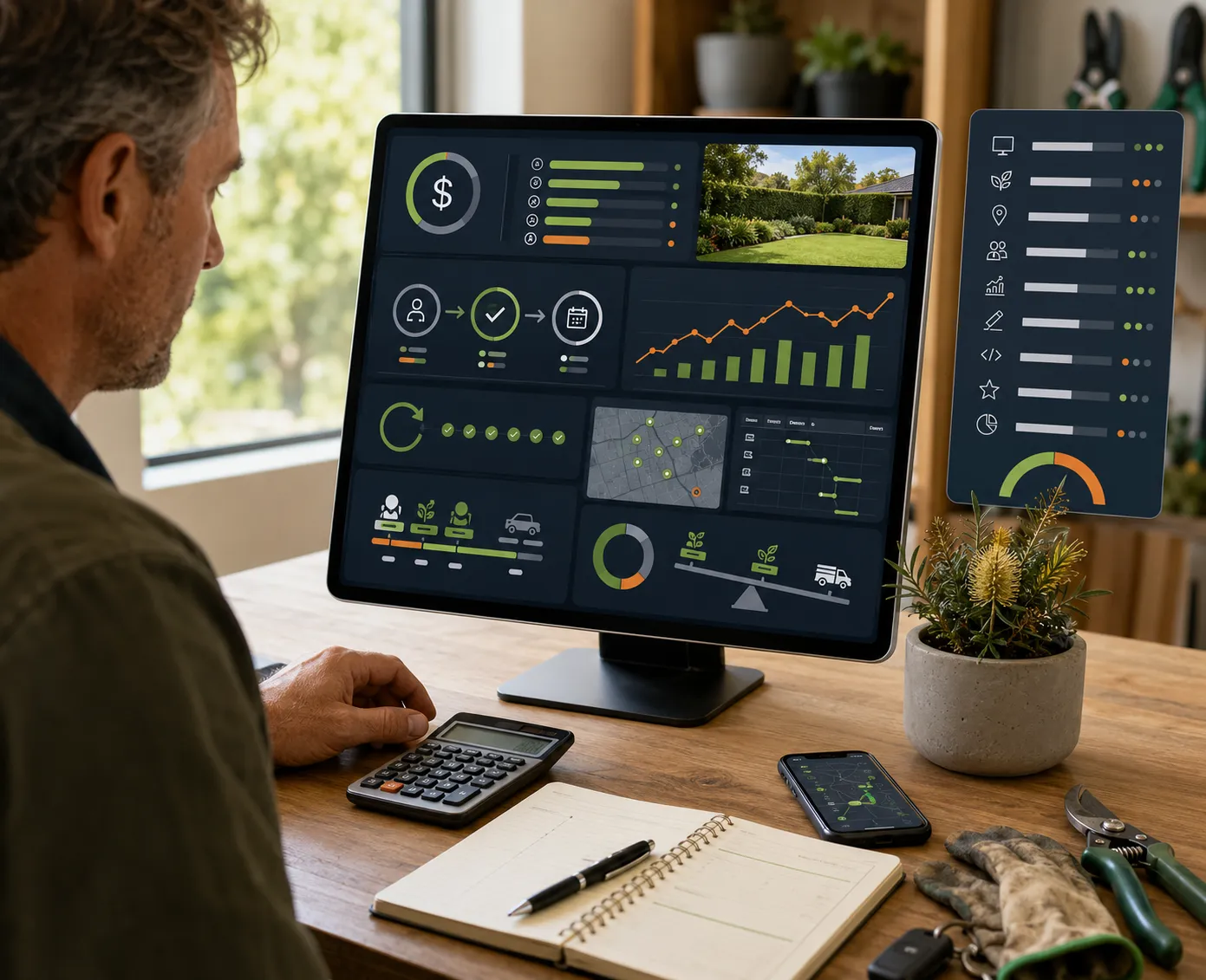 Australian gardening business owner reviewing SEO pricing, campaign scope, qualified enquiries, recurring bookings and return on investment on a performance dashboard.