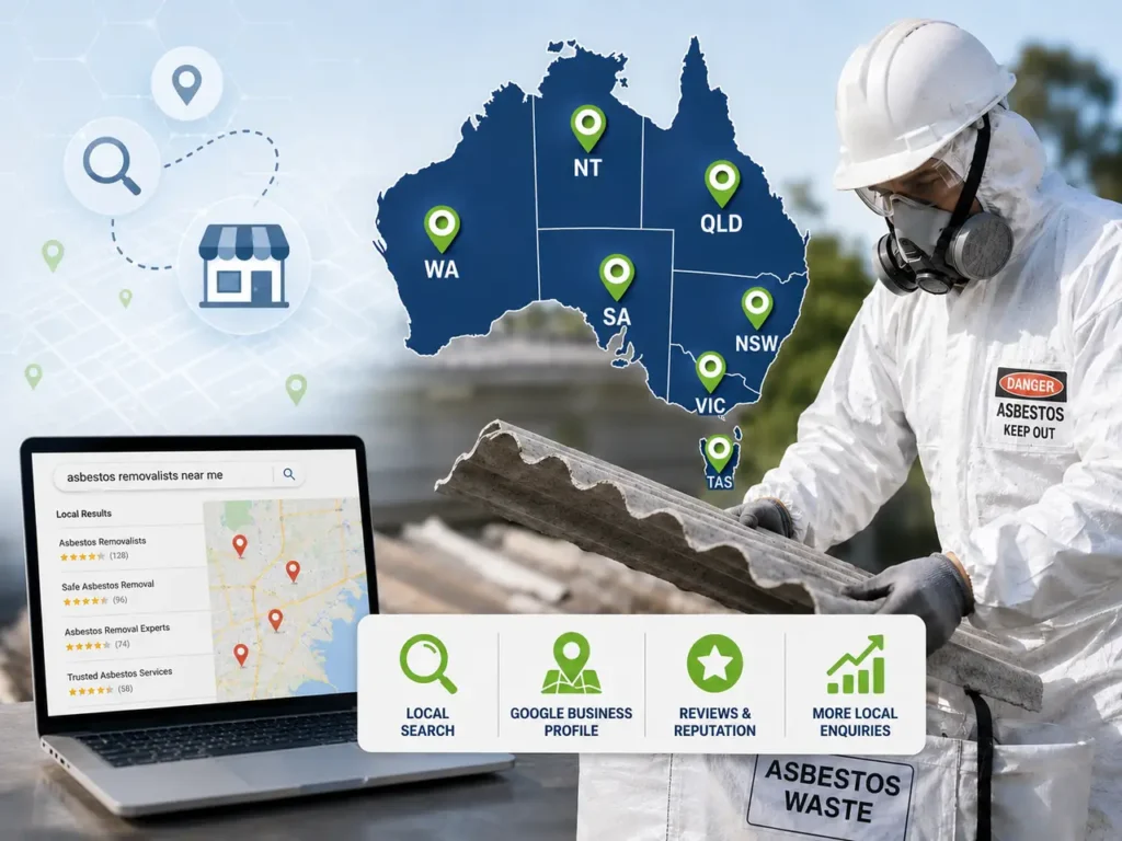 Asbestos removalist with Australian map and local SEO search elements.