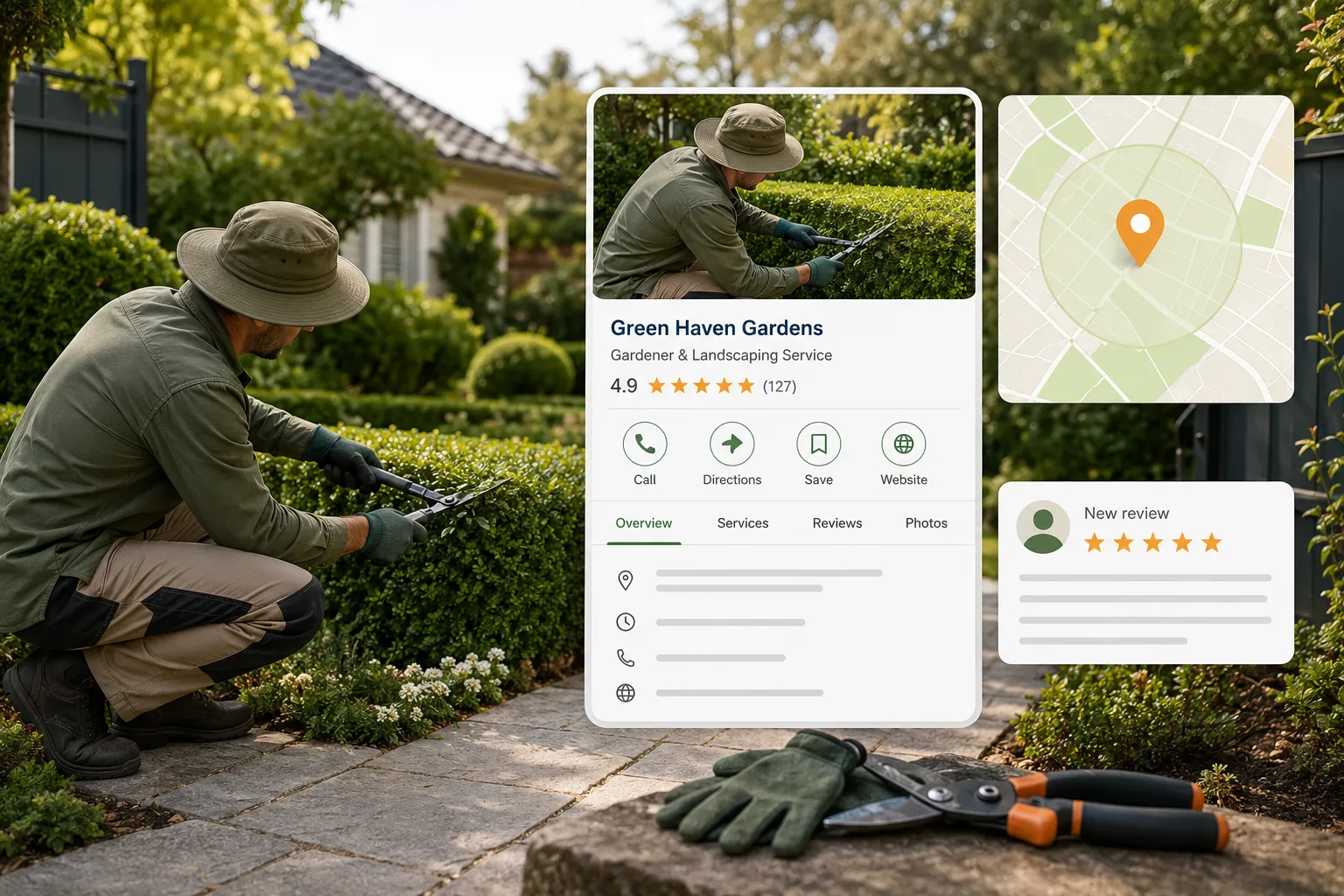Australian gardener trimming a residential hedge with local SEO overlays showing a business profile, service-area map, star rating and customer review.