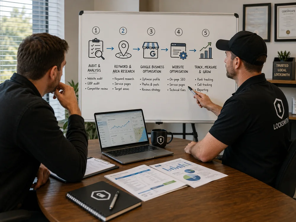 Locksmith and SEO specialist reviewing a five-step local SEO process on a whiteboard.