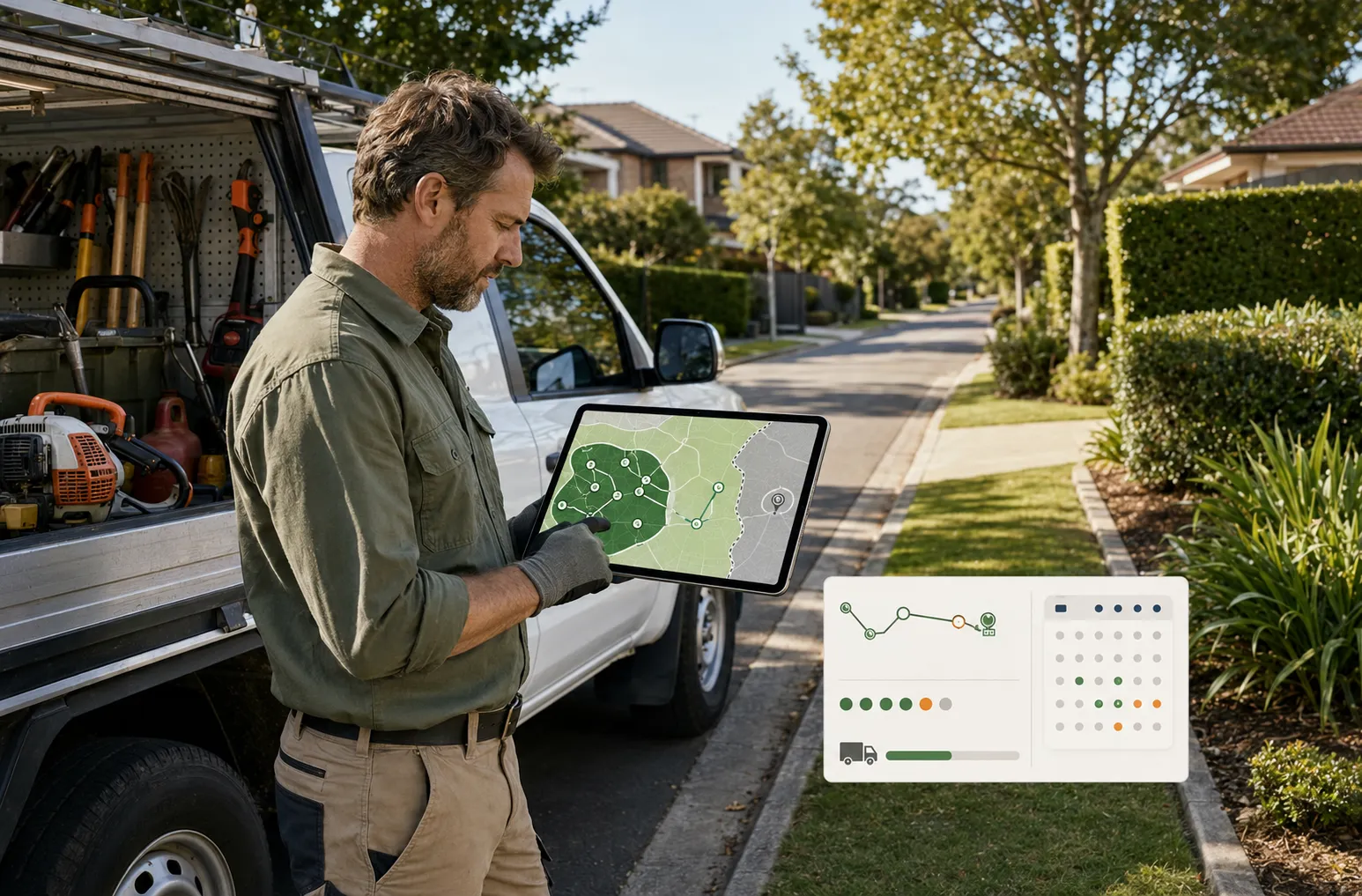 Australian gardening business owner planning profitable service areas and efficient customer routes on a tablet beside an organised work ute.