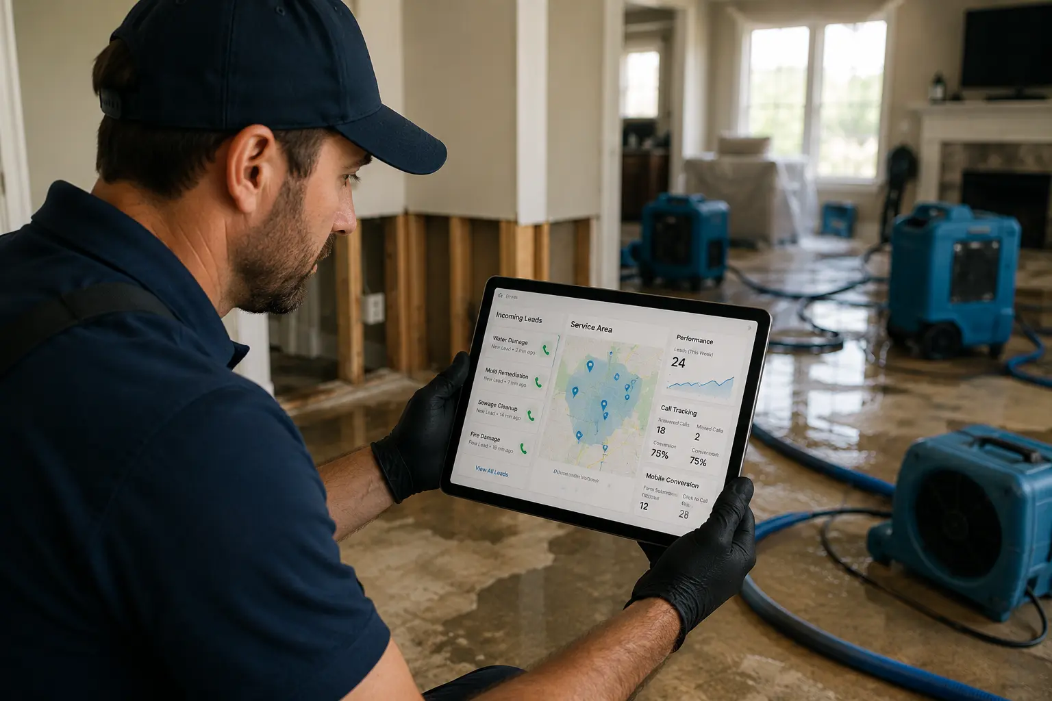 Restoration professional reviewing emergency leads, service areas and call tracking on a tablet inside a water-damaged property.