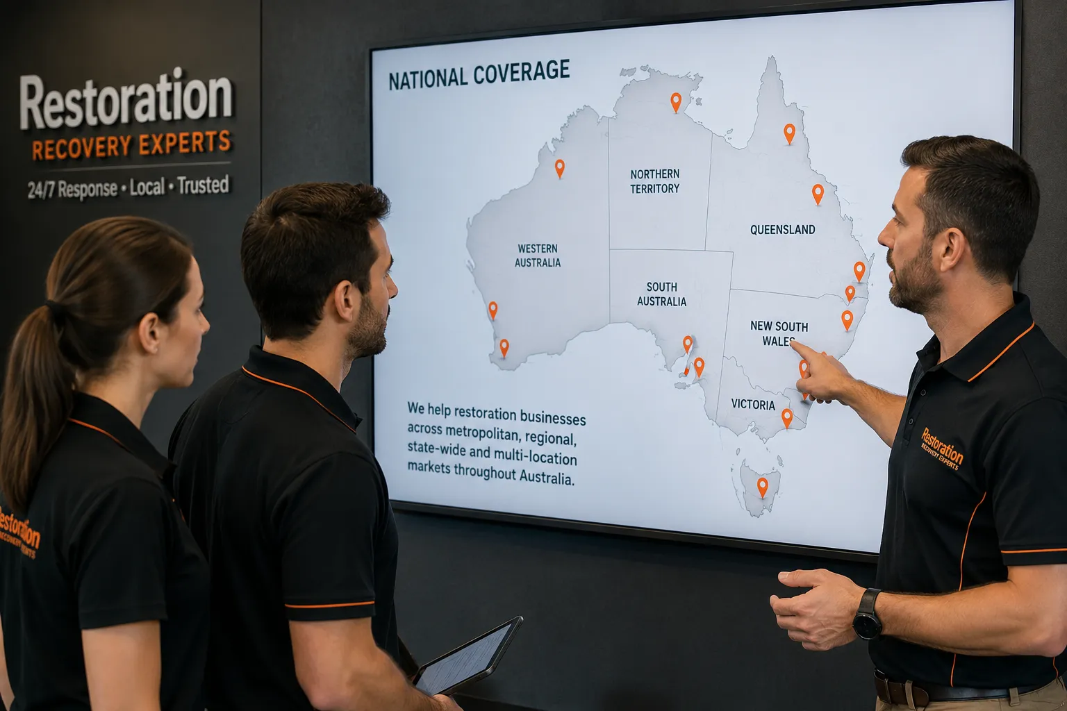 Restoration business team reviewing service-area coverage across Australia on a digital map.
