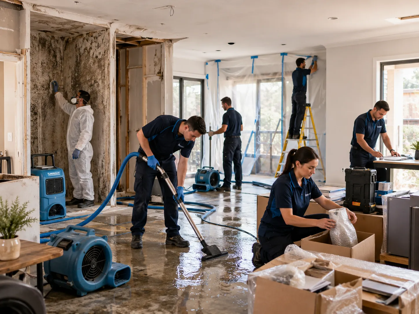 Restoration crew carrying out water extraction, mould remediation and contents recovery inside a damaged property.