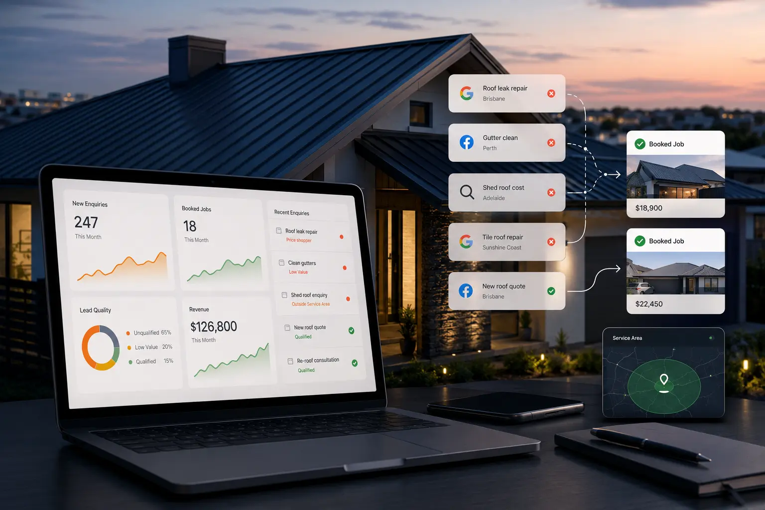 Roofing marketing dashboard showing high enquiry volume, qualified leads, booked jobs and profitable roofing projects