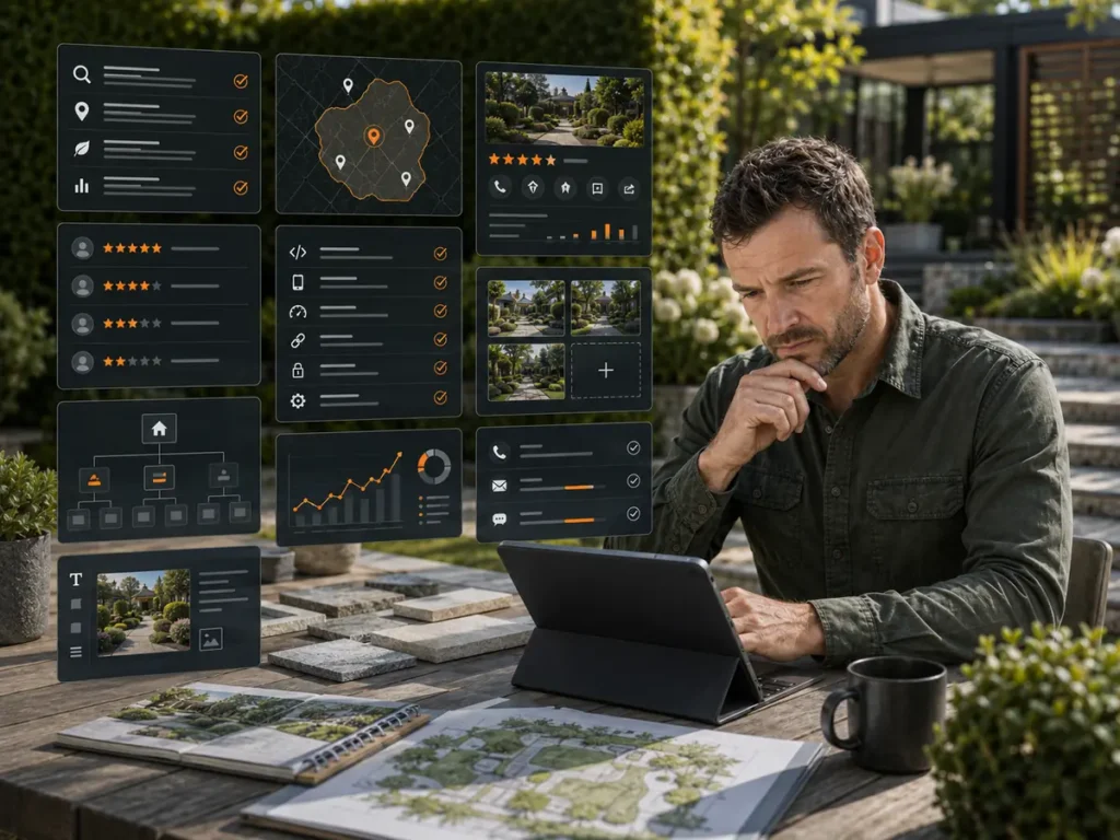 Landscaping business owner reviewing service-area targeting, local listings, reviews, technical SEO, content and lead-tracking data.