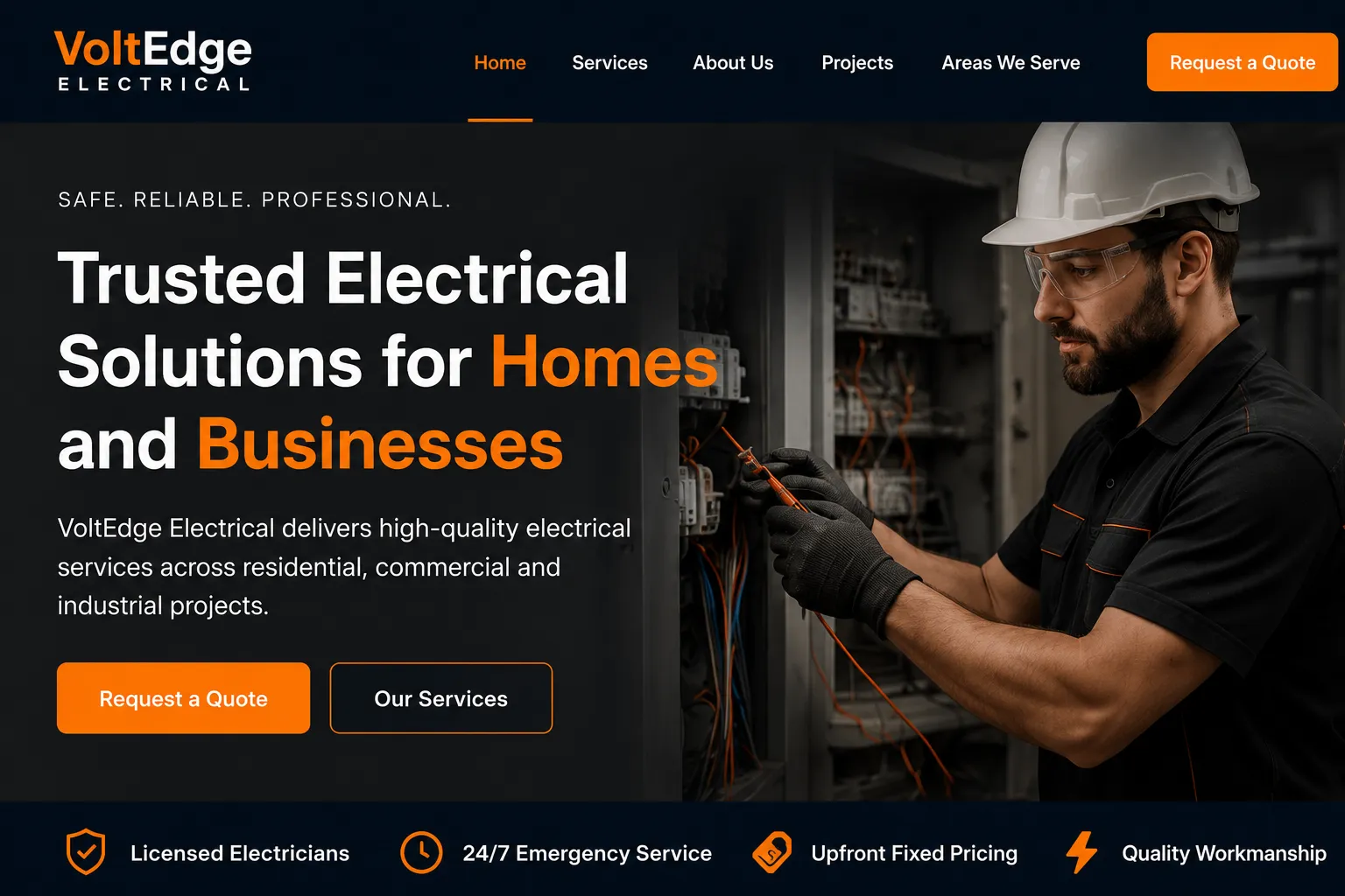 homepage design for volt edge Electrical Solutions showing residential and commercial electrical services, quote buttons and trust indicators.