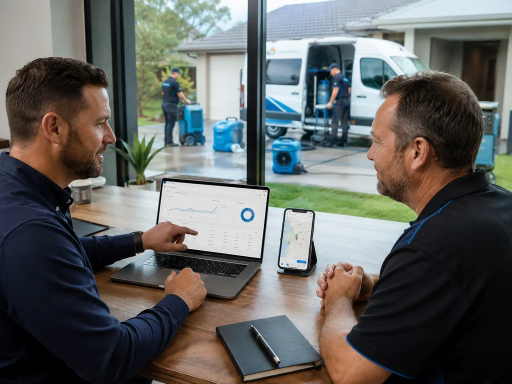 SEO consultant reviewing local search performance with a water damage restoration business owner.