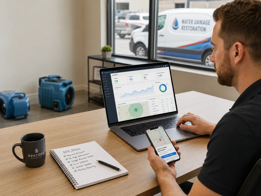 Water damage SEO specialist reviewing local rankings and lead data.