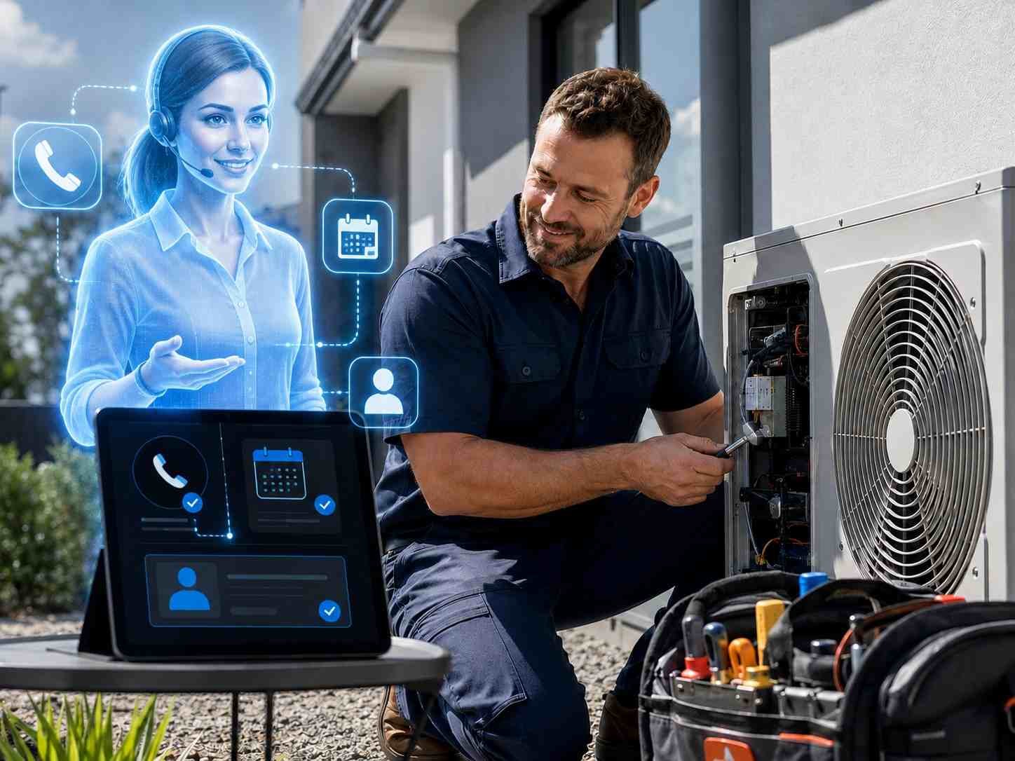 AI assistant managing calls and appointments while an Australian HVAC technician services an air-conditioning system.