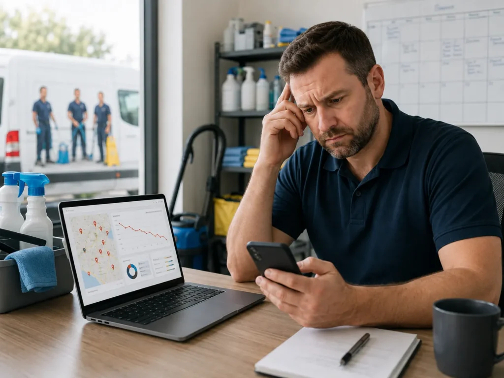 Cleaning company owner reviewing declining local search leads on a laptop.