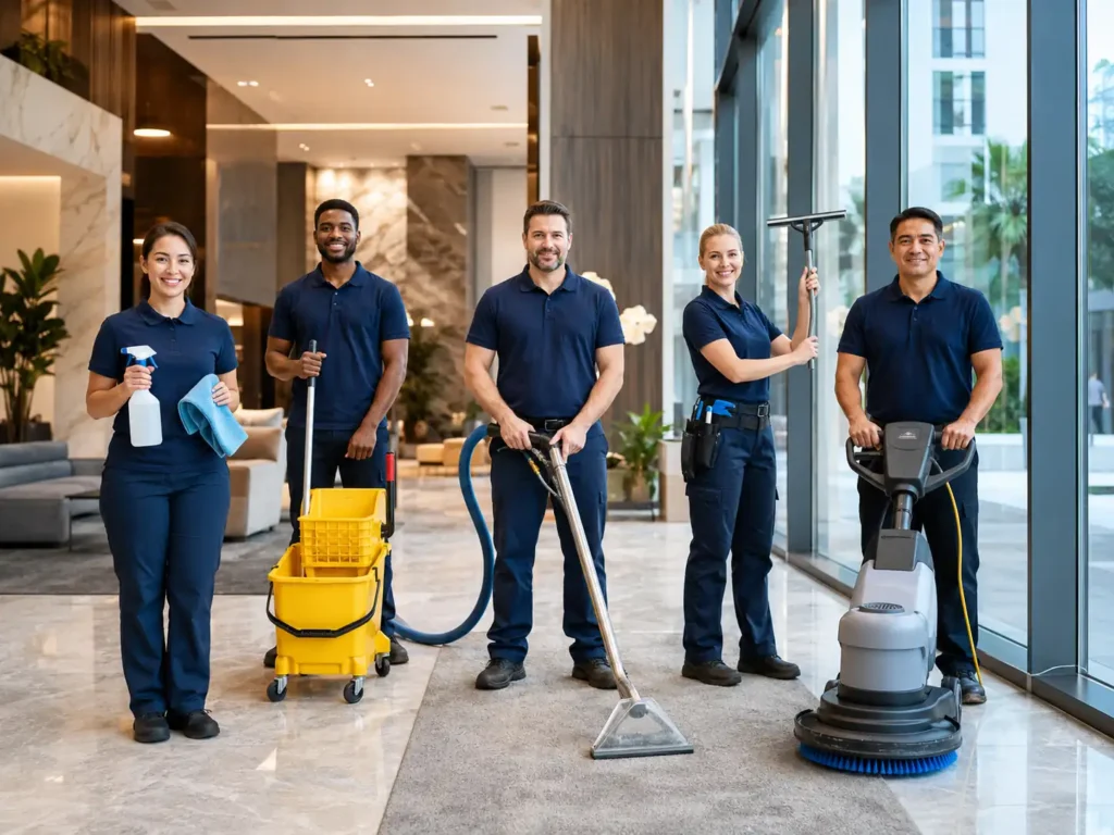 Professional cleaning team representing residential, commercial, carpet, window and floor cleaning services.