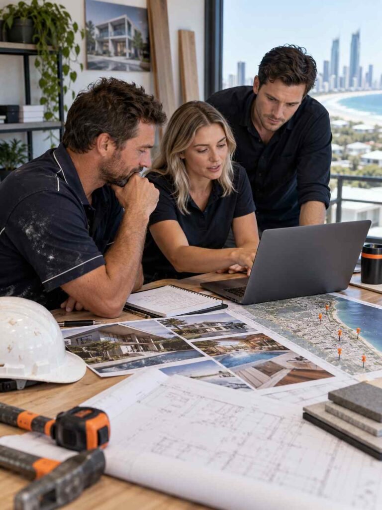 Team reviewing laptop, map and project photographs