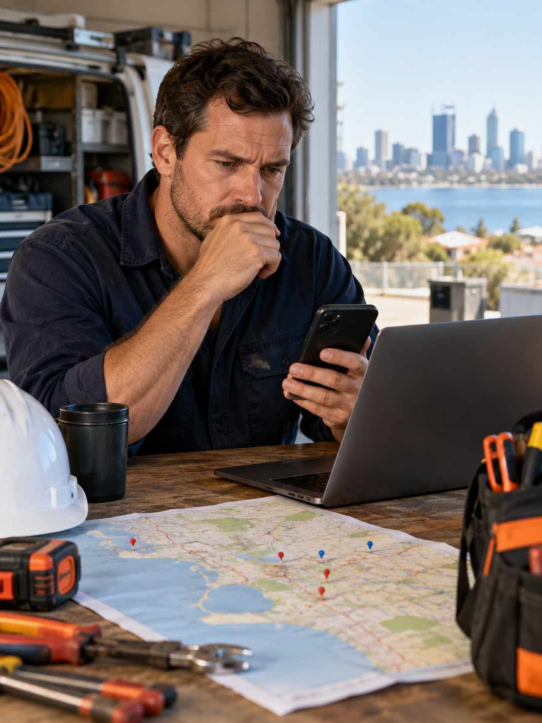 Perth tradie reviewing online customer enquiries