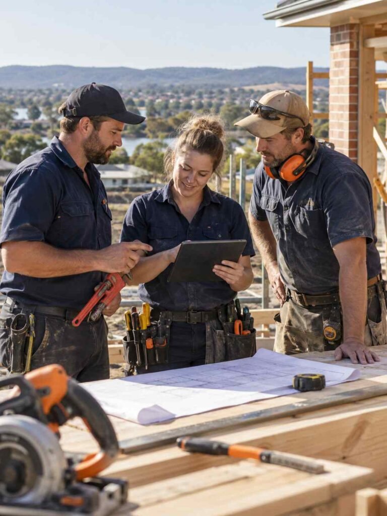 Wagga Wagga tradespeople reviewing plans at a building project