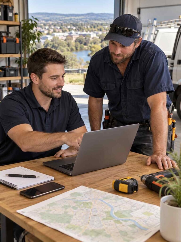 Local tradie and SEO specialist reviewing website visibility