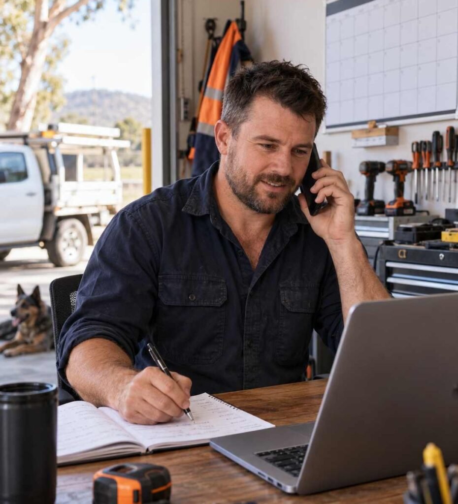 Tradie recording a customer enquiry in his workshop