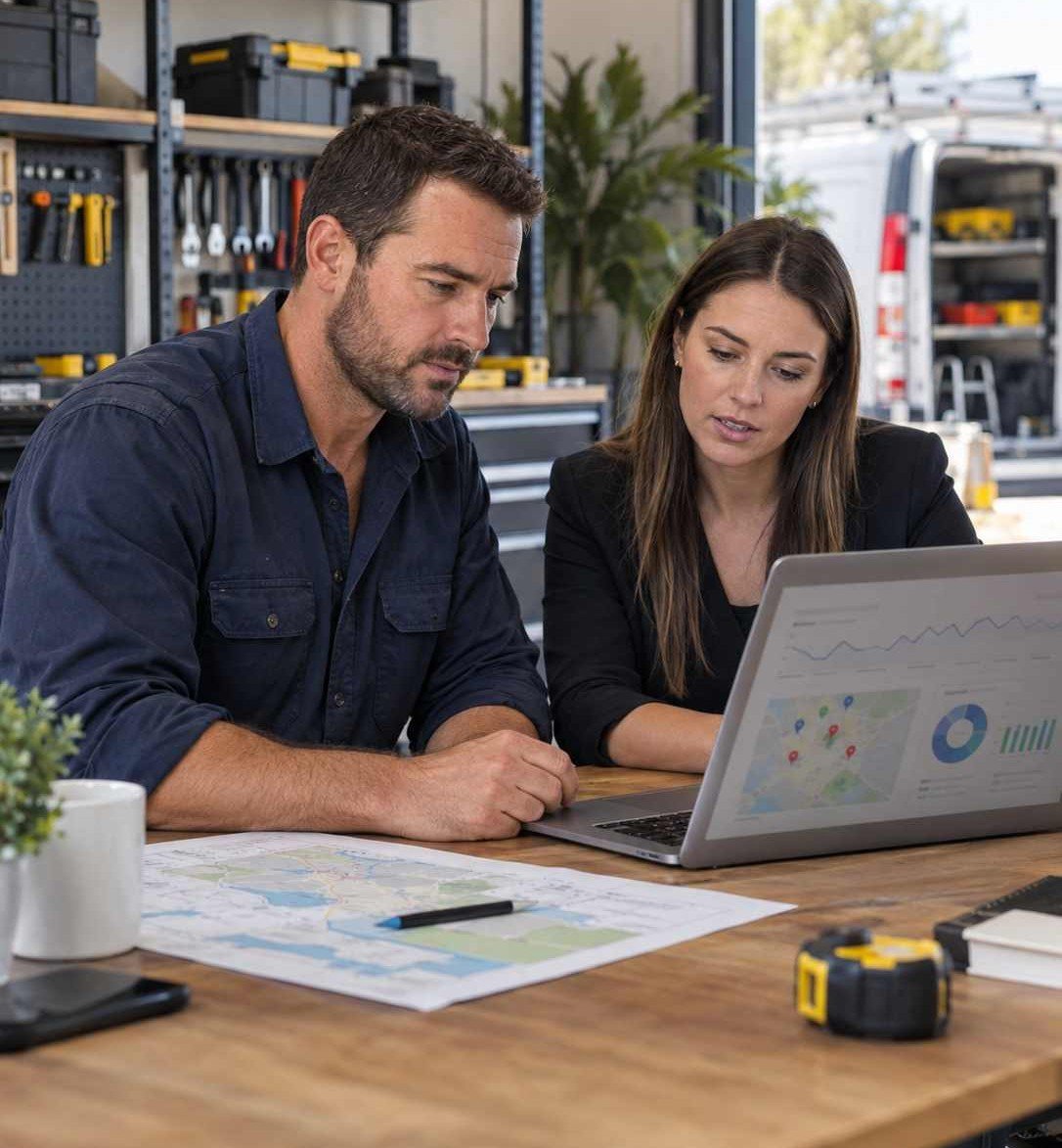 SEO specialist reviewing local search performance with an Adelaide tradie